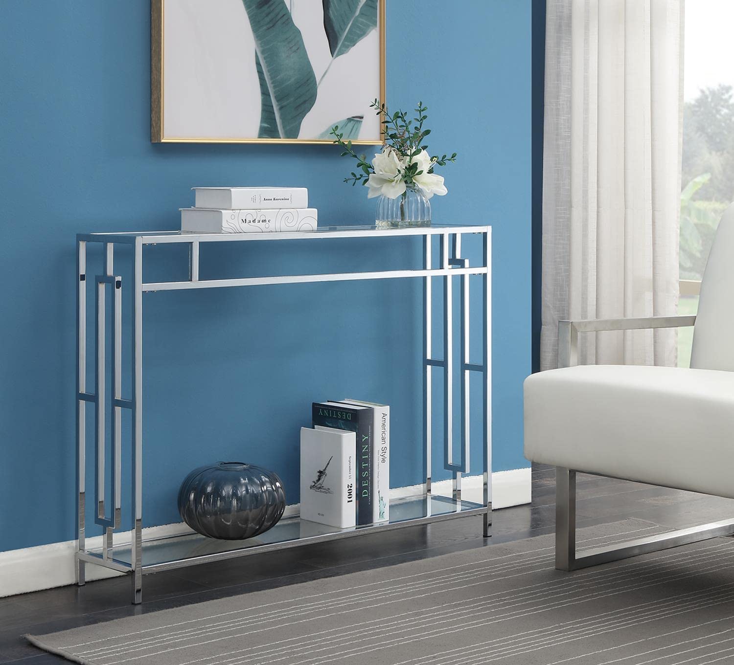TABLE | Ergode Town Square Chrome Console Table with Shelf | Elegant, Versatile, Easy Assembly | Showcase Decorative Items | Complements Chrome Collection | casafoyer.myshopify.com