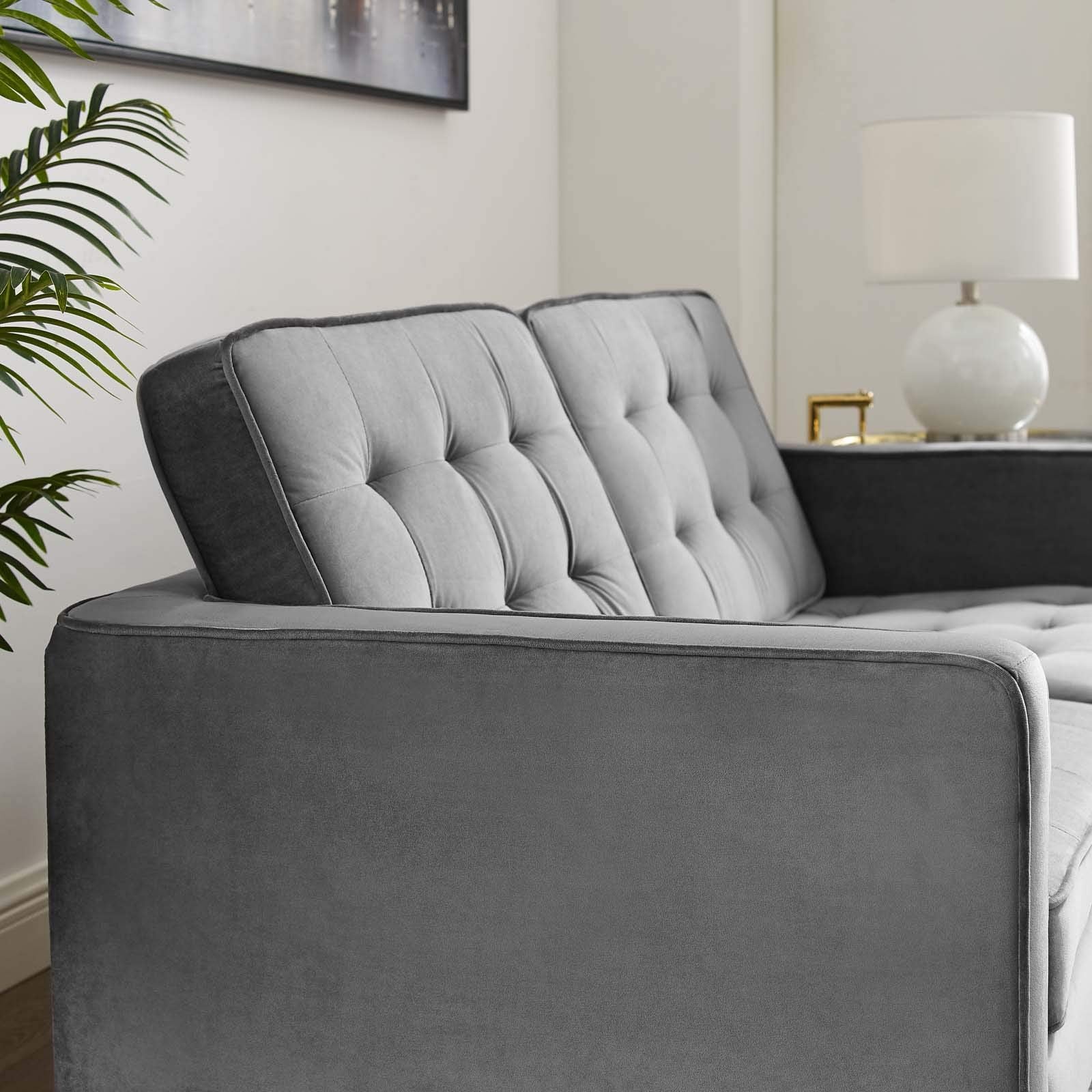 home office desk chairs | CasaFoyer Loft Button Tufted Performance Velvet Loveseat | Retro Modern Style | Durable Upholstery | Gold Stainless Steel Legs | Supports up to 600 lbs | casafoyer.myshopify.com