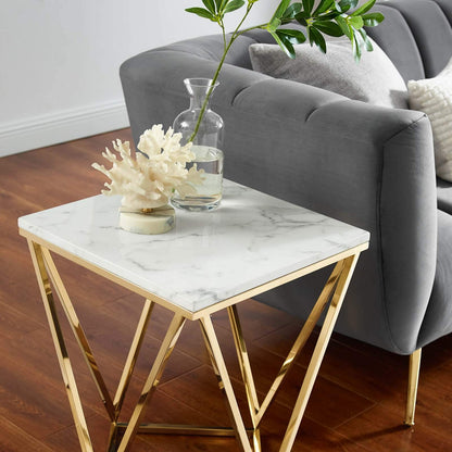 end tables | Ergode Vertex Gold Metal Stainless Steel End Table | Contemporary Geometric Design | Artificial Marble Top | Suitable for Living Room, Office, Bedroom | Assembly Required | casafoyer.myshopify.com