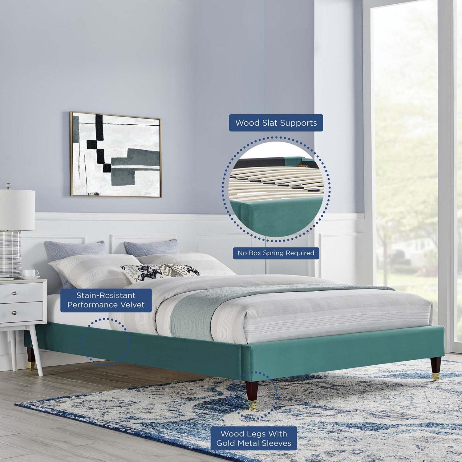 bed frames | CasaFoyer Harlow Performance Velvet Twin Bed Frame | Wood Legs | Stain-Resistant Velvet Upholstery | Supports Memory Foam, Innerspring, Latex, and Hybrid Mattresses | Twin Headboard Compatible | Assembly Required | Teal | casafoyer.myshopify.com