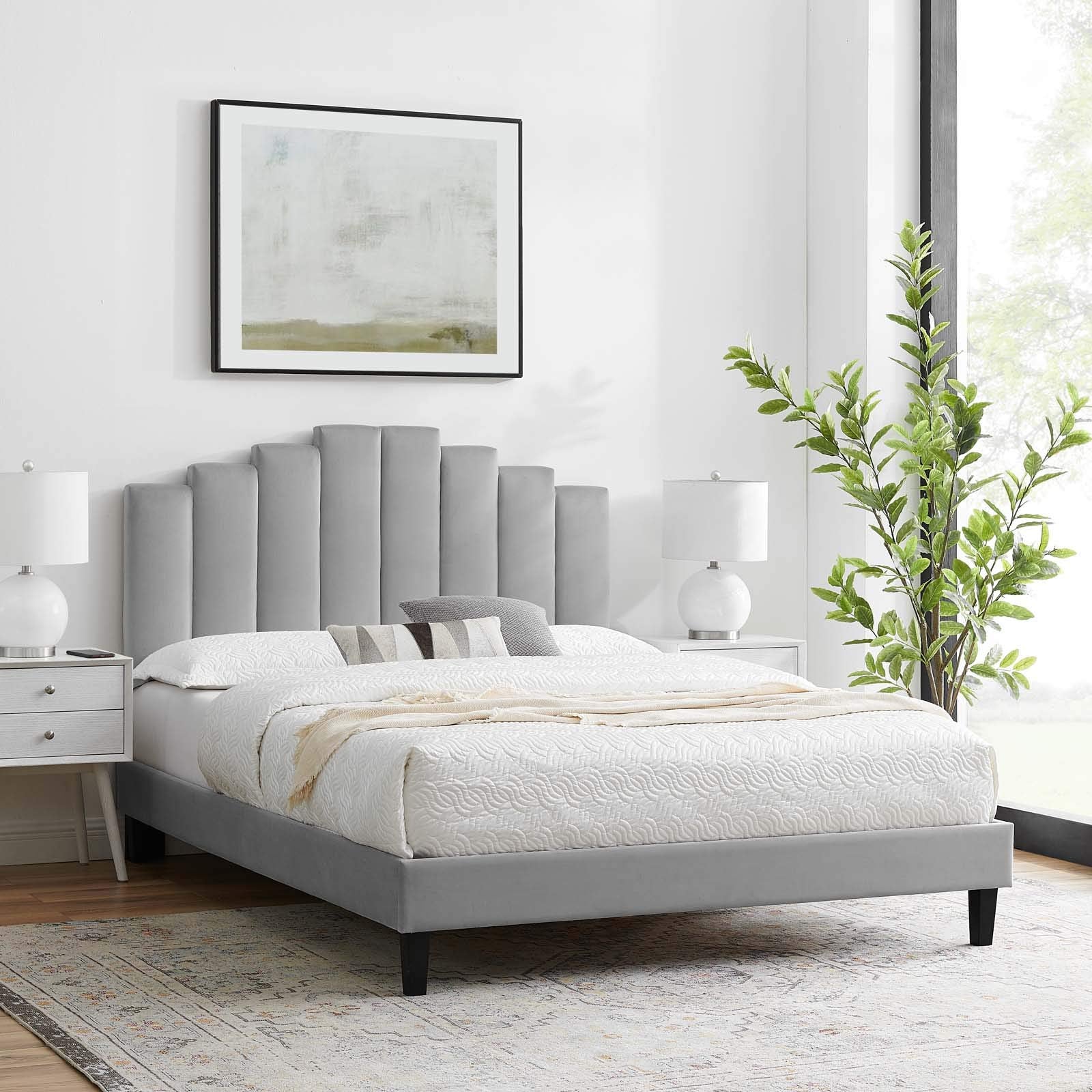 adjustable bed bases | CasaFoyer Elise Performance Velvet Twin Platform Bed | Art Deco Style | Channel Tufted Headboard | Stain-Resistant Velvet Upholstery | Dense Foam Padding | Sturdy Wood Frame | Easy Assembly | Light Gray | casafoyer.myshopify.com