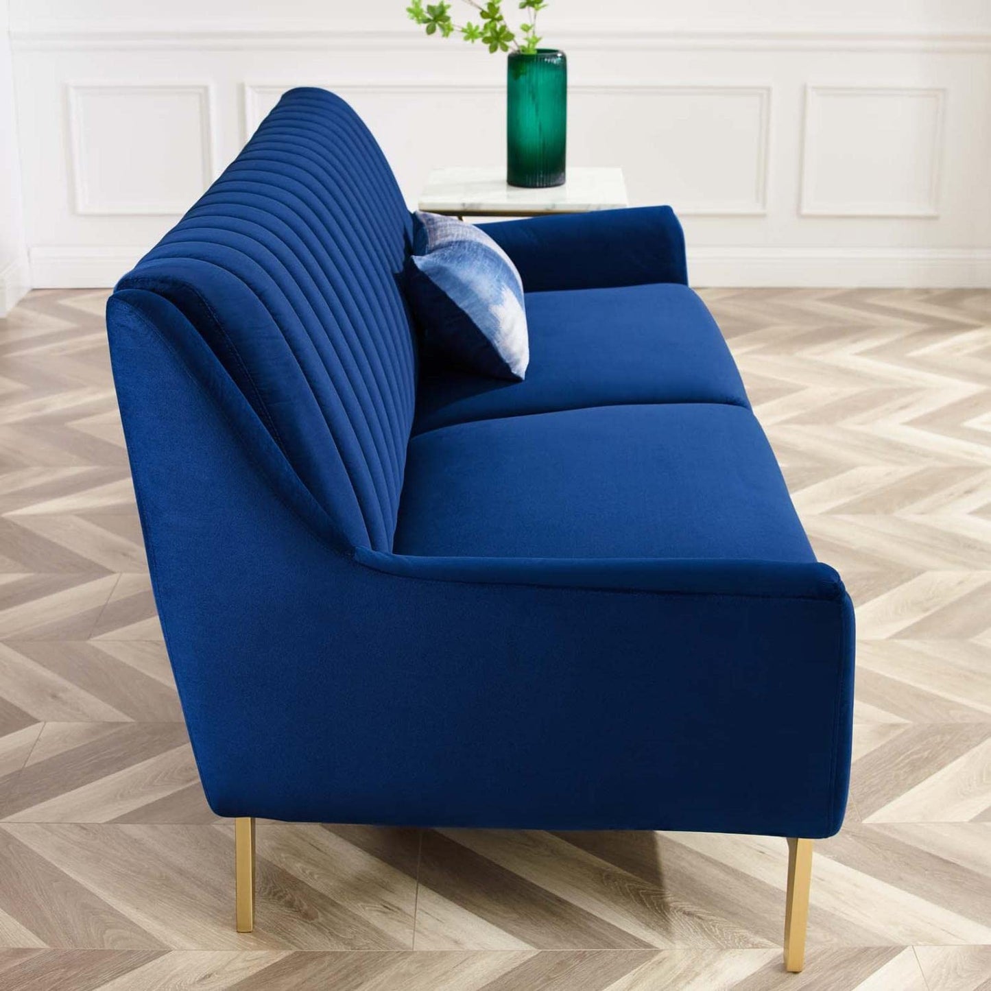 sofas | CasaFoyer Winsome Channel Tufted Performance Velvet Sofa | Vintage Charm with Modern Twist | Stain-Resistant | Comfortable & Durable | Gold Metal Detail | Flared Silhouette | Navy | casafoyer.myshopify.com