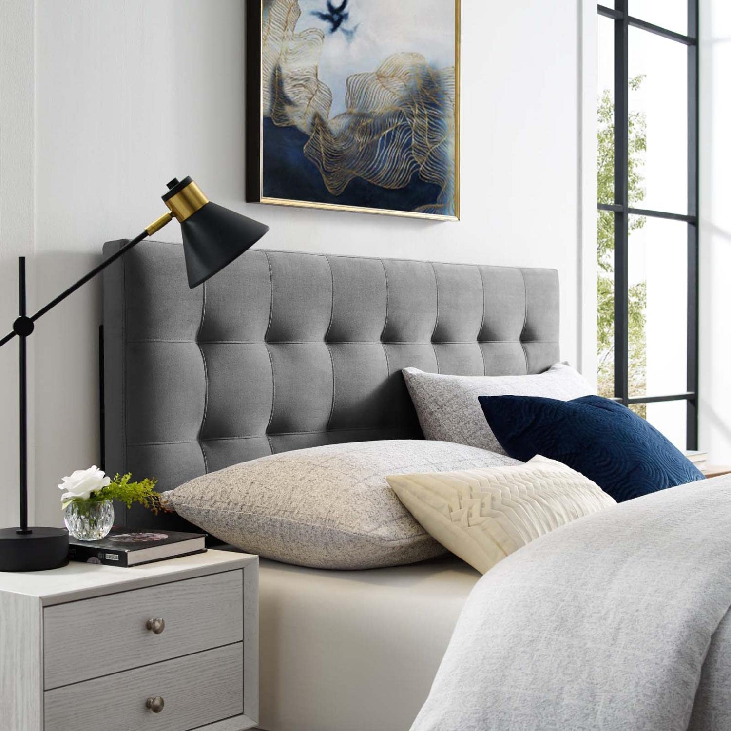 Bed | CasaFoyer Lily Biscuit Tufted Performance Velvet Full Headboard - Gray | Soft & Stain-Resistant | Adjustable Mounting | Perfect for Teens, Guests, Dorms | casafoyer.myshopify.com