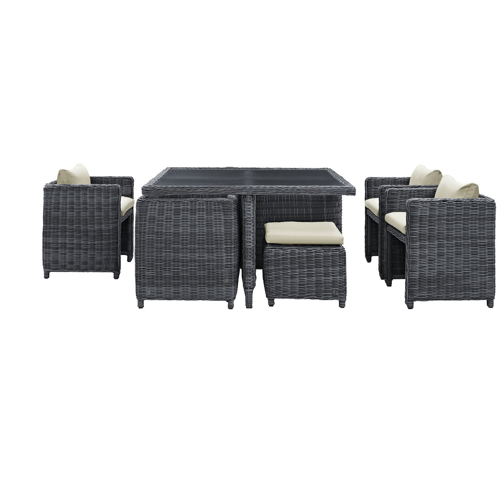 Patio Furniture Sets | Summon Outdoor Patio Furniture Dining Set | Luxurious 9 Piece | Sunbrella Fabric | Synthetic Rattan Weave | All-Weather Cushions | Powder-Coated Aluminum Frame | casafoyer.myshopify.com