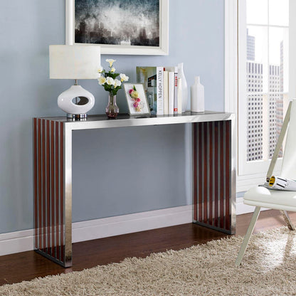 sofa tables | Ergode Gridiron Stainless Steel Console Table | Sophisticated Blend of Steel Tubing & Mahogany Varnished Wood Slats | Perfect for Reception Rooms & Living Areas | casafoyer.myshopify.com