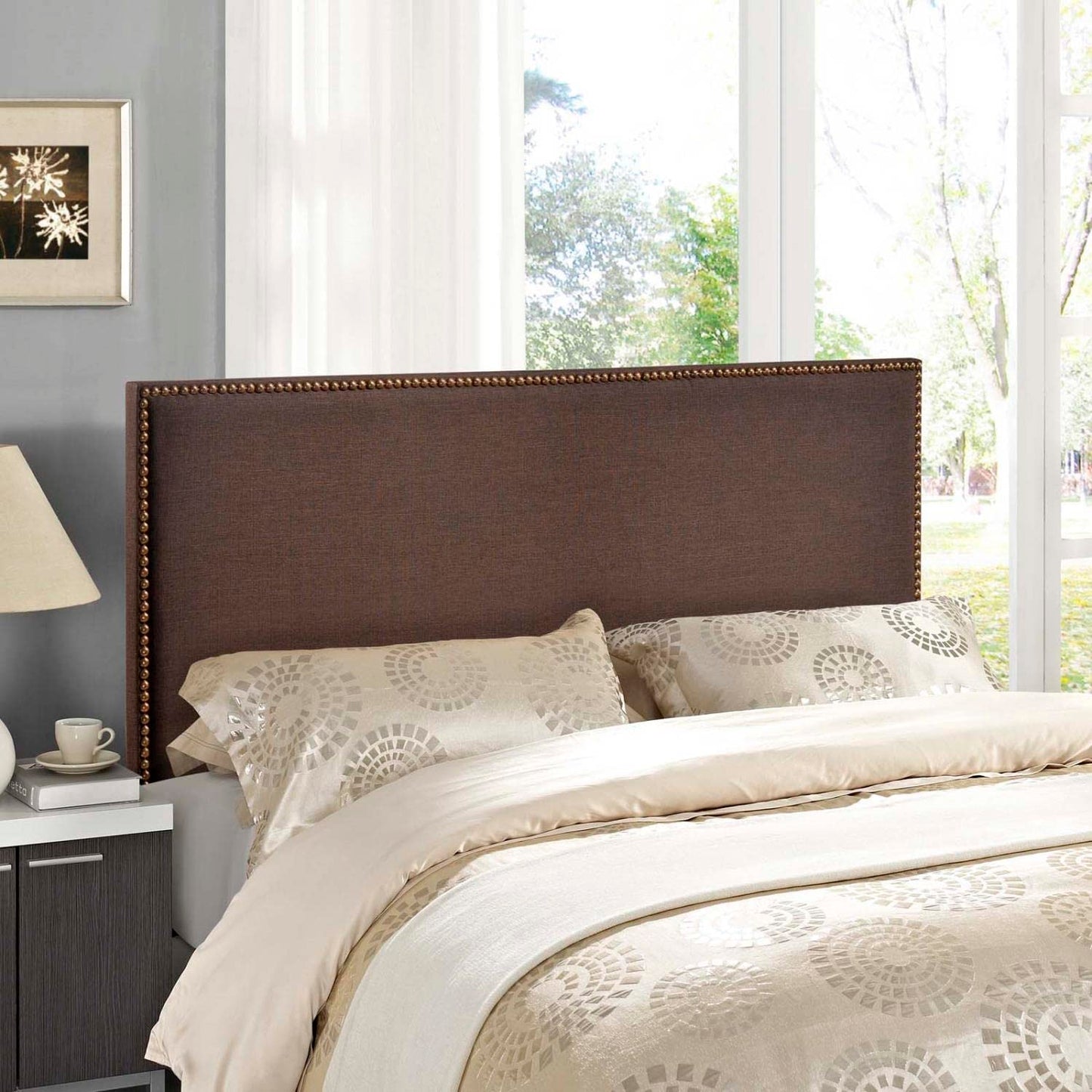 headboards | CasaFoyer  Region Linen Fabric Upholstered Queen Headboard | Spacious & Stylish | High-Quality Particleboard | Solid Wood Poles | Fine Linen Fabric Upholstery | Chic Nailhead Trim | Contemporary Design | Fits Most Queen Beds | casafoyer.myshopify.com