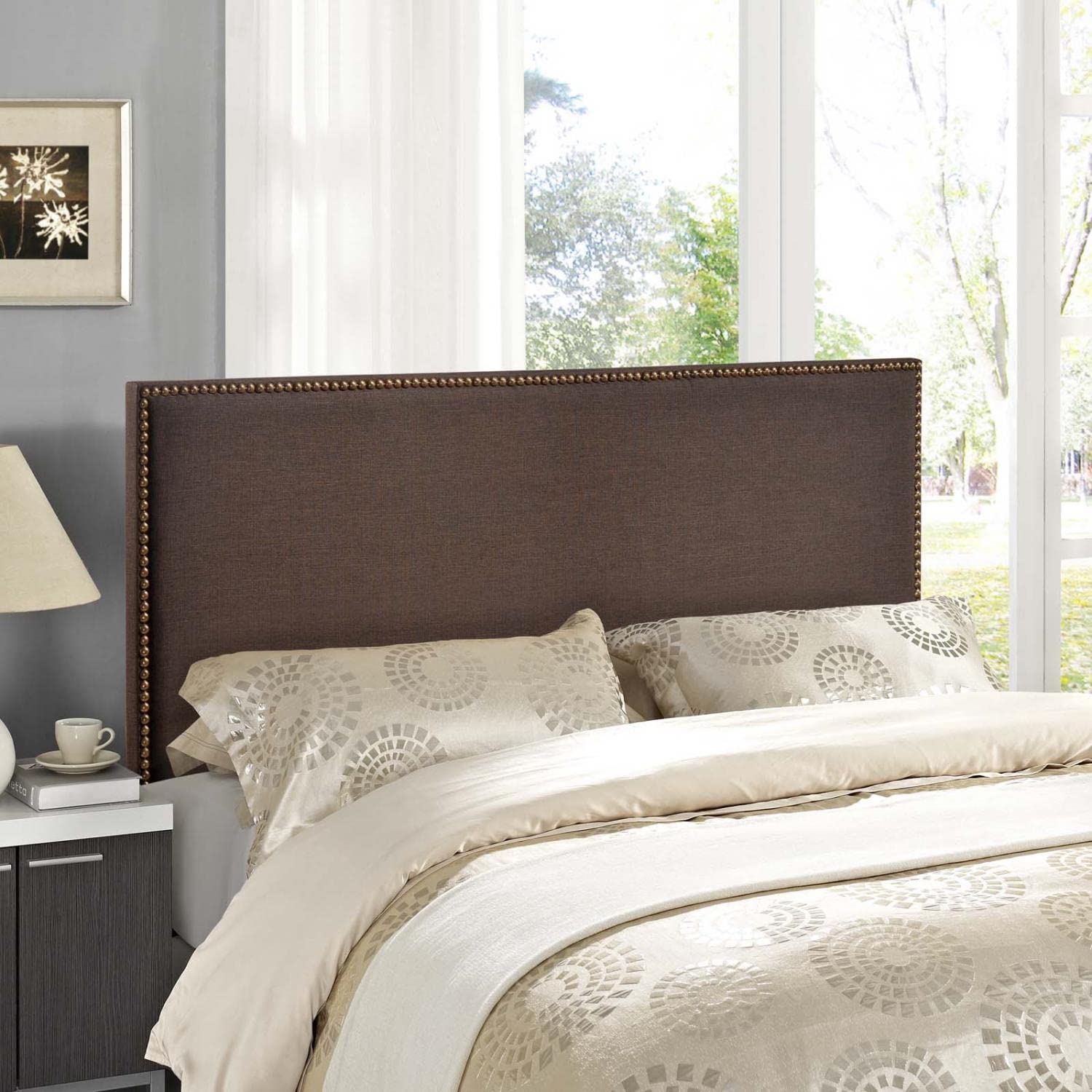 headboards | CasaFoyer  Region Linen Fabric Upholstered Queen Headboard | Spacious & Stylish | High-Quality Particleboard | Solid Wood Poles | Fine Linen Fabric Upholstery | Chic Nailhead Trim | Contemporary Design | Fits Most Queen Beds | casafoyer.myshopify.com