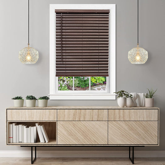 window treatment horizontal blinds | CasaFoyer Cordless GII Luna 2 Vinyl Plantation Blind | Light Filtering | Wood Grain Texture | Cordless Lift | Child and Pet Safe | Mahogany | casafoyer.myshopify.com