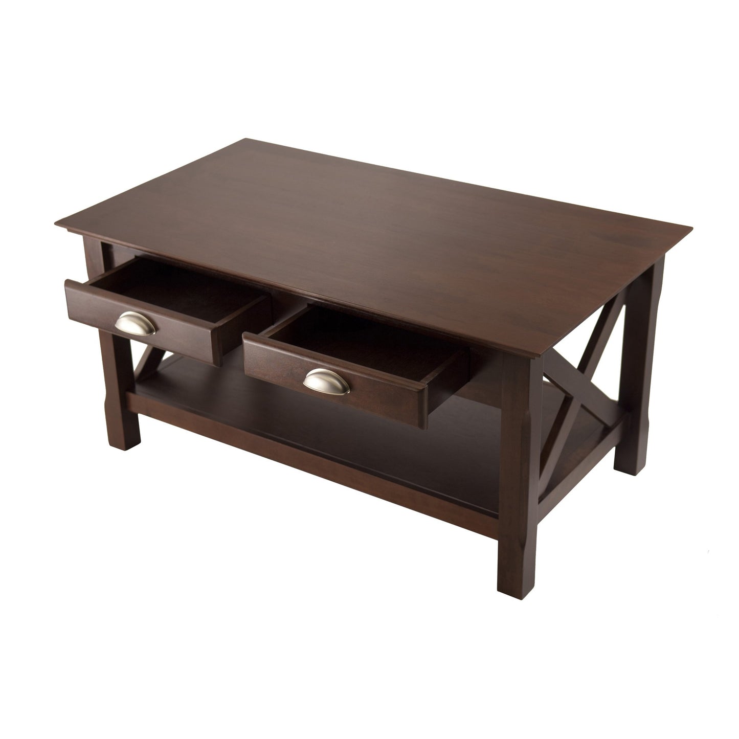 TABLE | CasaFoyer Xola X-Panel Coffee Table | Cappuccino | 37W x 21D x 18H | 2 Drawers | Bottom Shelf | Solid Wood | Assembly Required | casafoyer.myshopify.com