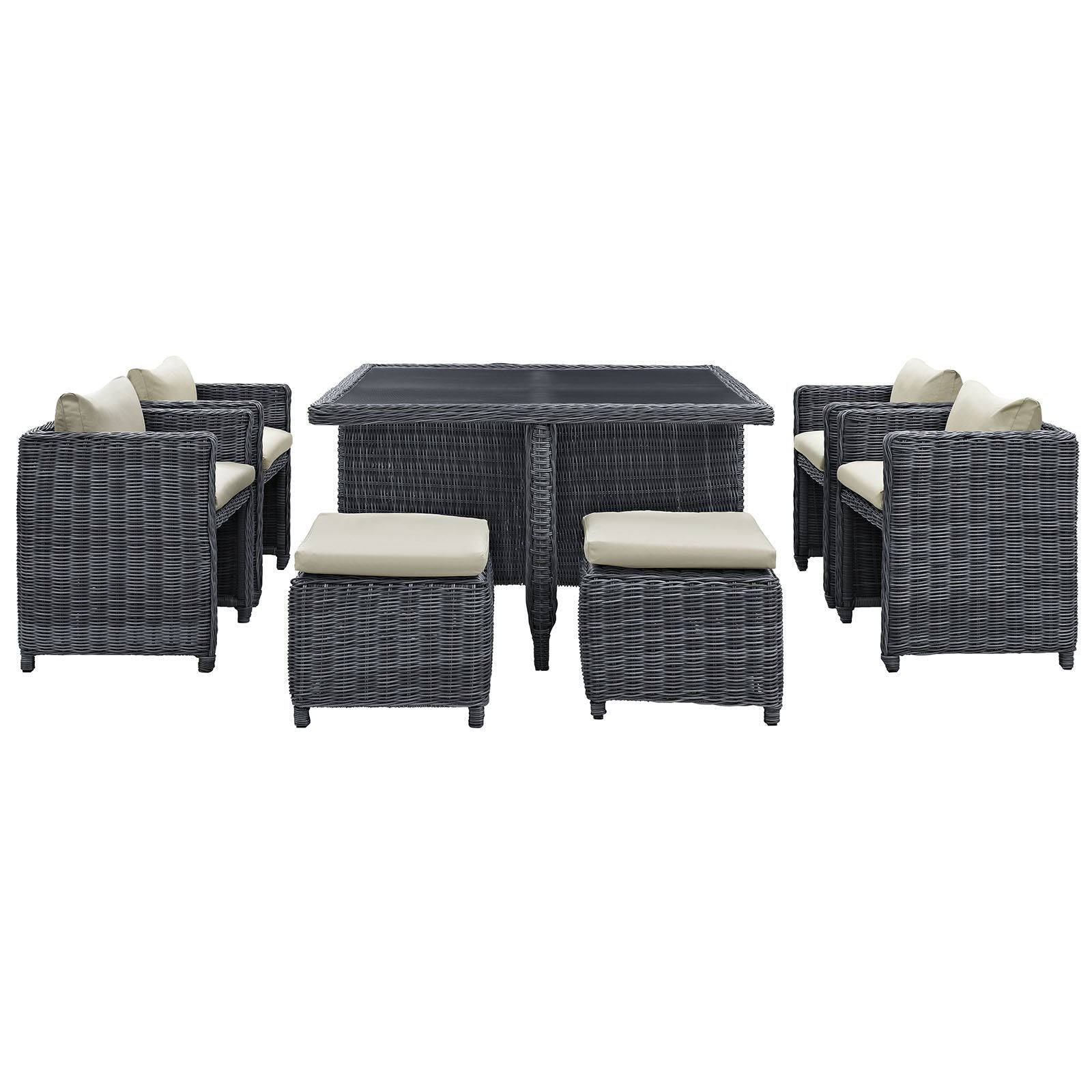 Patio Furniture Sets | Summon Outdoor Patio Furniture Dining Set | Luxurious 9 Piece | Sunbrella Fabric | Synthetic Rattan Weave | All-Weather Cushions | Powder-Coated Aluminum Frame | casafoyer.myshopify.com