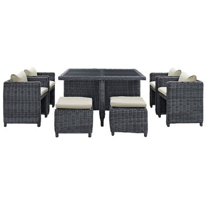 Patio Furniture Sets | Summon Outdoor Patio Furniture Dining Set | Luxurious 9 Piece | Sunbrella Fabric | Synthetic Rattan Weave | All-Weather Cushions | Powder-Coated Aluminum Frame | casafoyer.myshopify.com