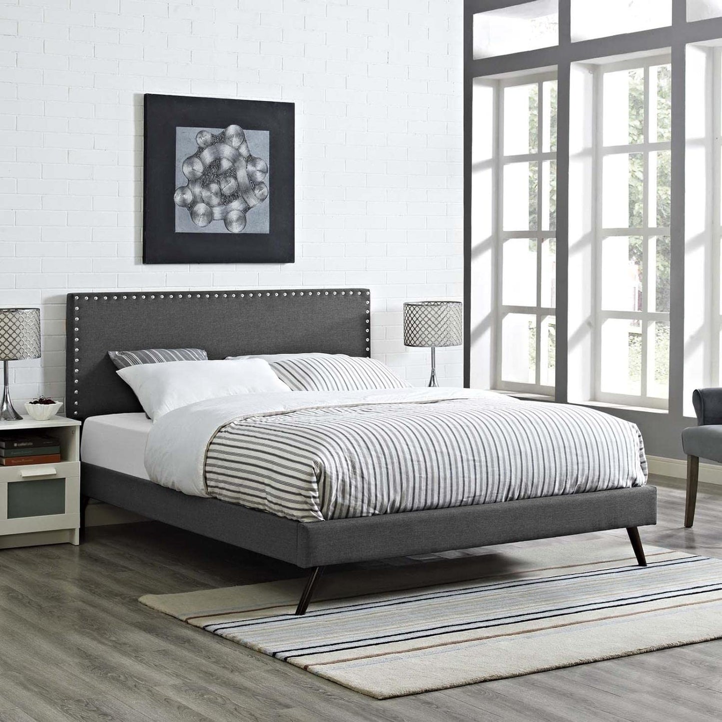 Bed | CasaFoyer  Macie Platform Bed | Solid Wood Frame | Polyester Upholstery | Tapered Legs | Sturdy Slats | No Box Spring Needed | Queen Size | Gray | casafoyer.myshopify.com