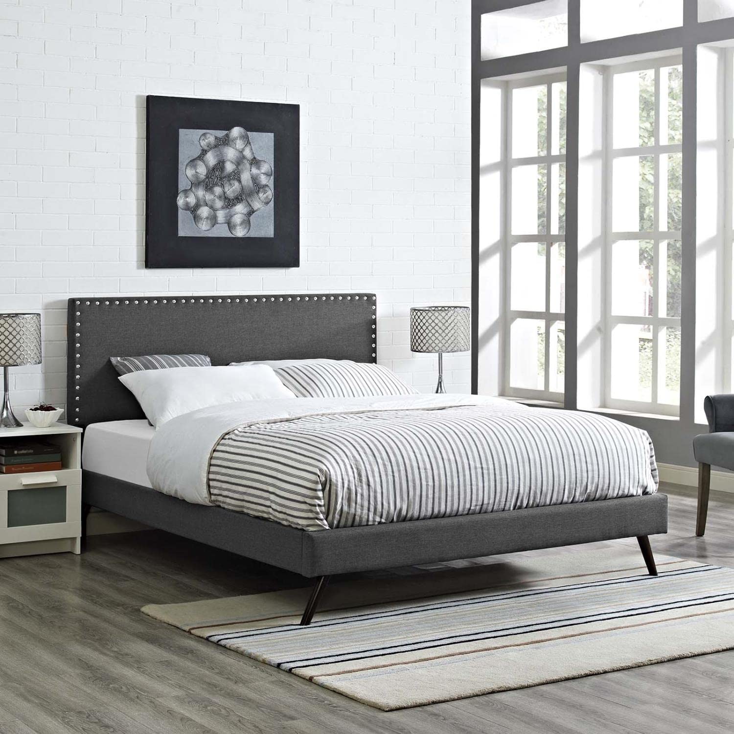 Bed | CasaFoyer  Macie Platform Bed | Solid Wood Frame | Polyester Upholstery | Tapered Legs | Sturdy Slats | No Box Spring Needed | Queen Size | Gray | casafoyer.myshopify.com