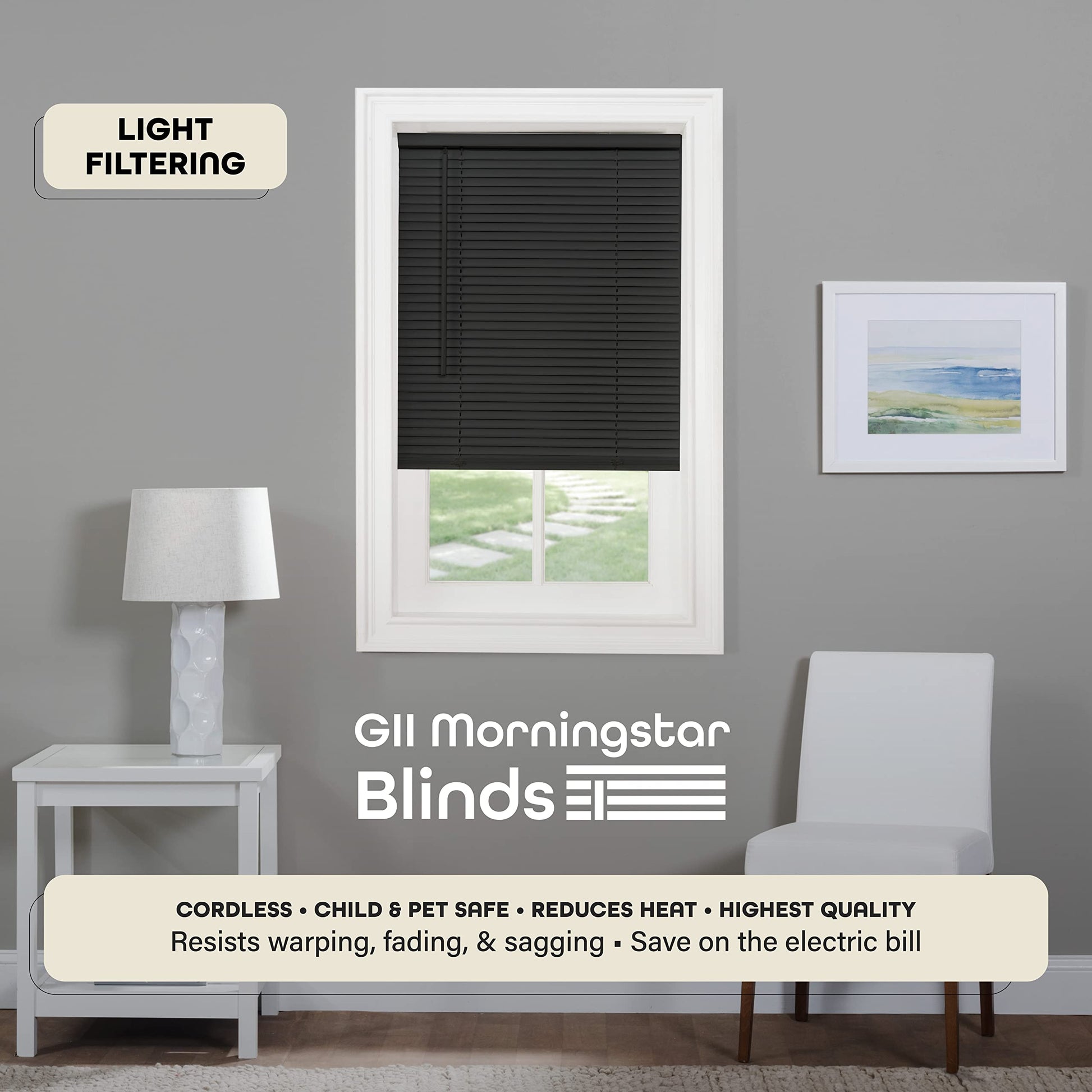 window treatment horizontal blinds | CasaFoyer Cordless GII Morningstar Blind | Durable PVC | Child & Pet Safe | Easy to Operate | Mounting Brackets Included | 36x64 | Black | casafoyer.myshopify.com