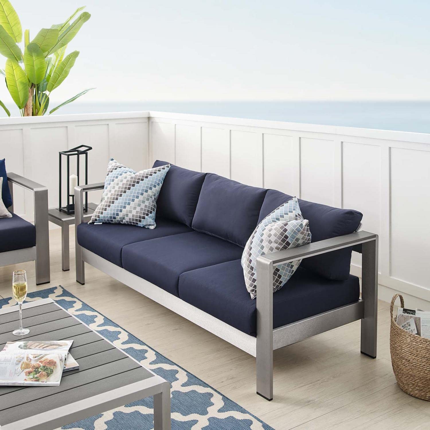 sofas | CasaFoyer Shore Outdoor Aluminum Sofa | Weather-Resistant Sunbrella Fabric | Sturdy Anodized Frame | Perfect for Outdoor Relaxation | Silver Navy | casafoyer.myshopify.com