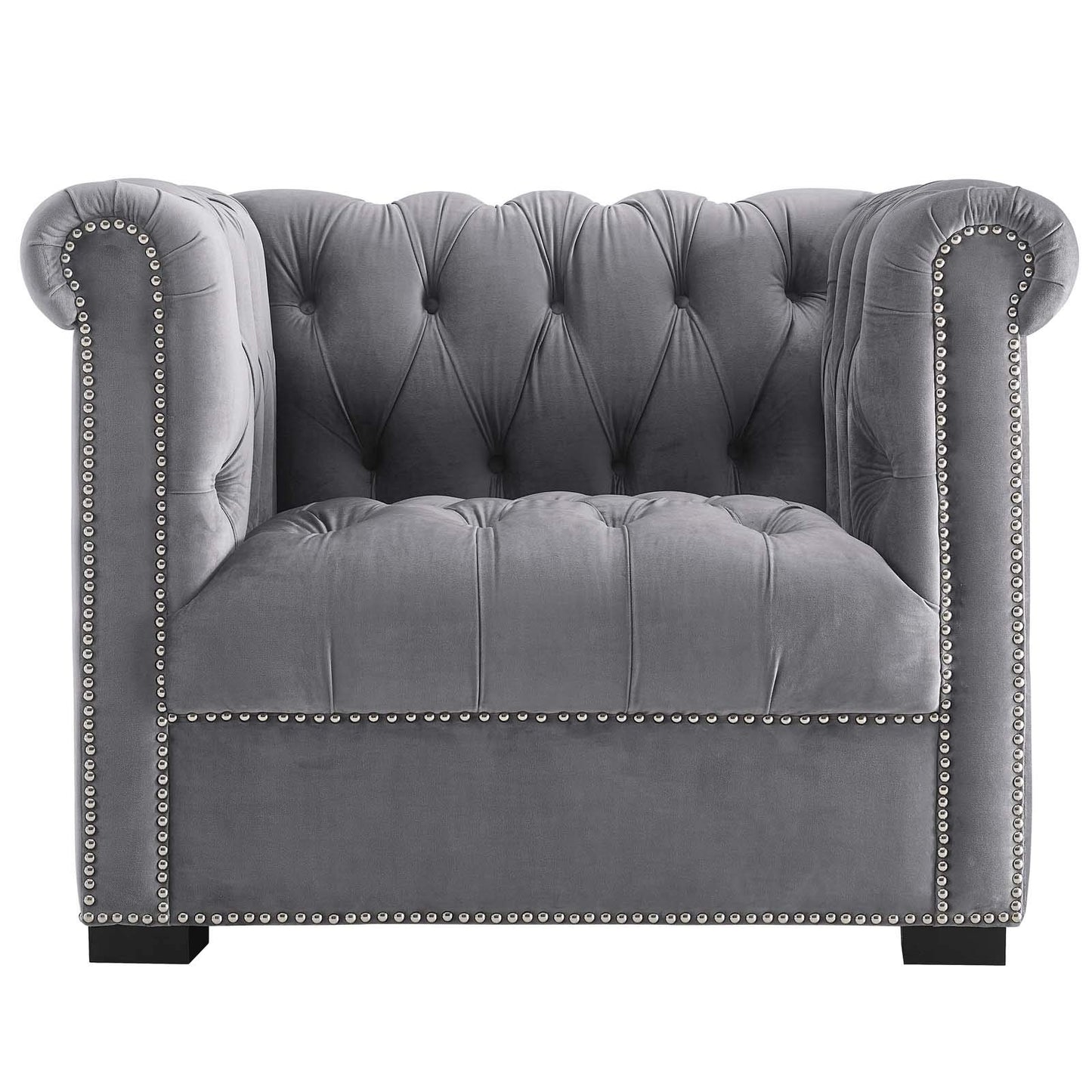 home office desk chairs | CasaFoyer Heritage Performance Velvet Armchair | Modern Classic Design | Rolled Armrests | Button Tufting | Nailhead Trim | Stain-Resistant Upholstery | Birch Wood Legs | Plush Foam Padding | Gray | casafoyer.myshopify.com