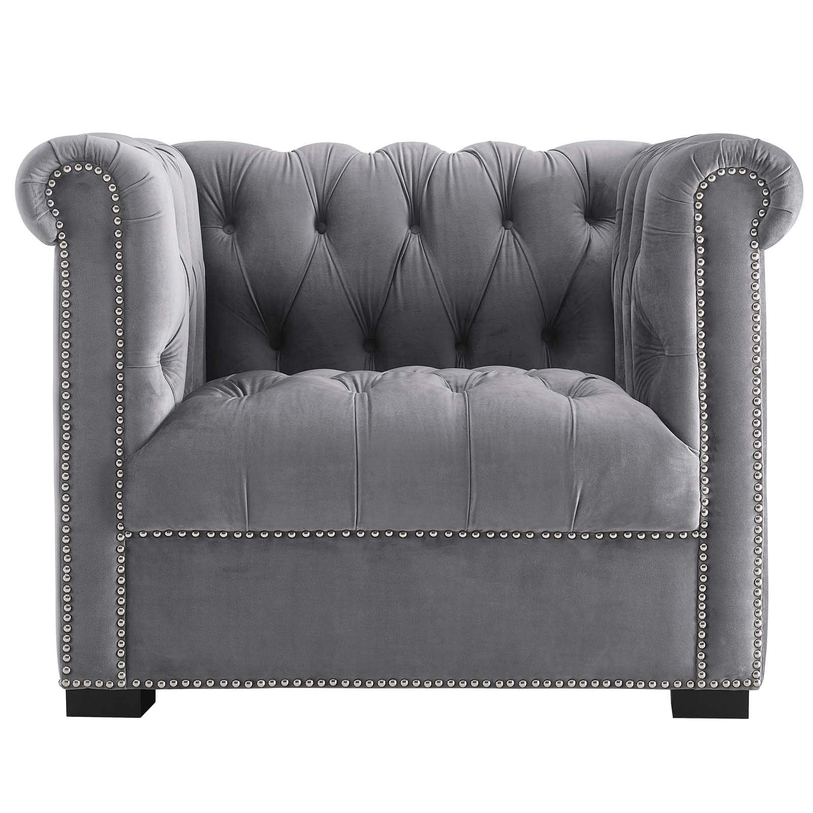 home office desk chairs | CasaFoyer Heritage Performance Velvet Armchair | Modern Classic Design | Rolled Armrests | Button Tufting | Nailhead Trim | Stain-Resistant Upholstery | Birch Wood Legs | Plush Foam Padding | Gray | casafoyer.myshopify.com
