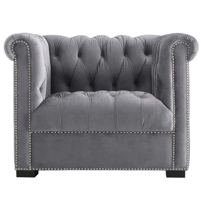 home office desk chairs | CasaFoyer Heritage Performance Velvet Armchair | Modern Classic Design | Rolled Armrests | Button Tufting | Nailhead Trim | Stain-Resistant Upholstery | Birch Wood Legs | Plush Foam Padding | Gray | casafoyer.myshopify.com