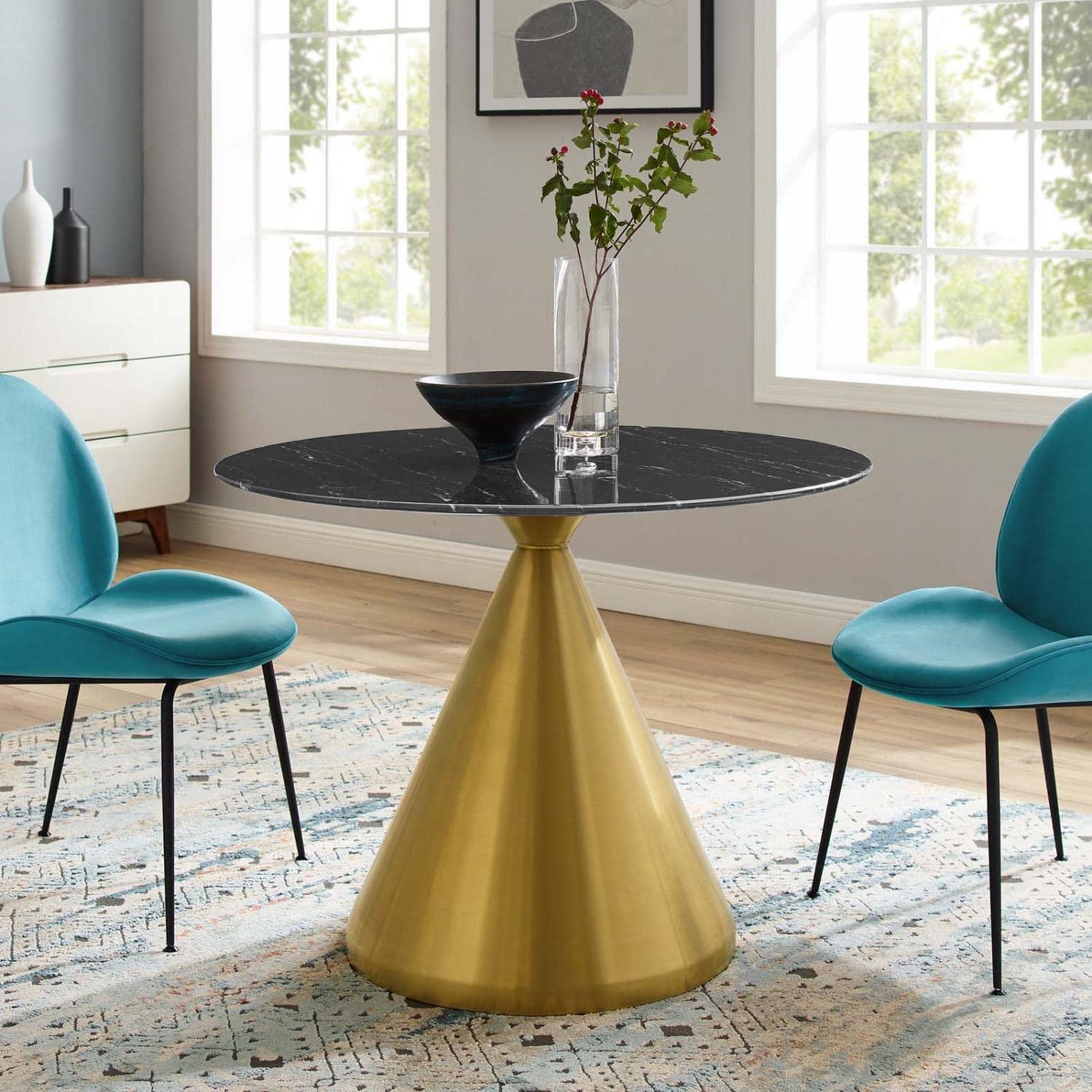 patio dining tables | CasaFoyer Tupelo 40 Dining Table | Modern Style | Mid-Century Charm | Polished Gold Metal Base | Easy to Clean Artificial Marble Top | Non-Marking Ring | Assembly Required | casafoyer.myshopify.com