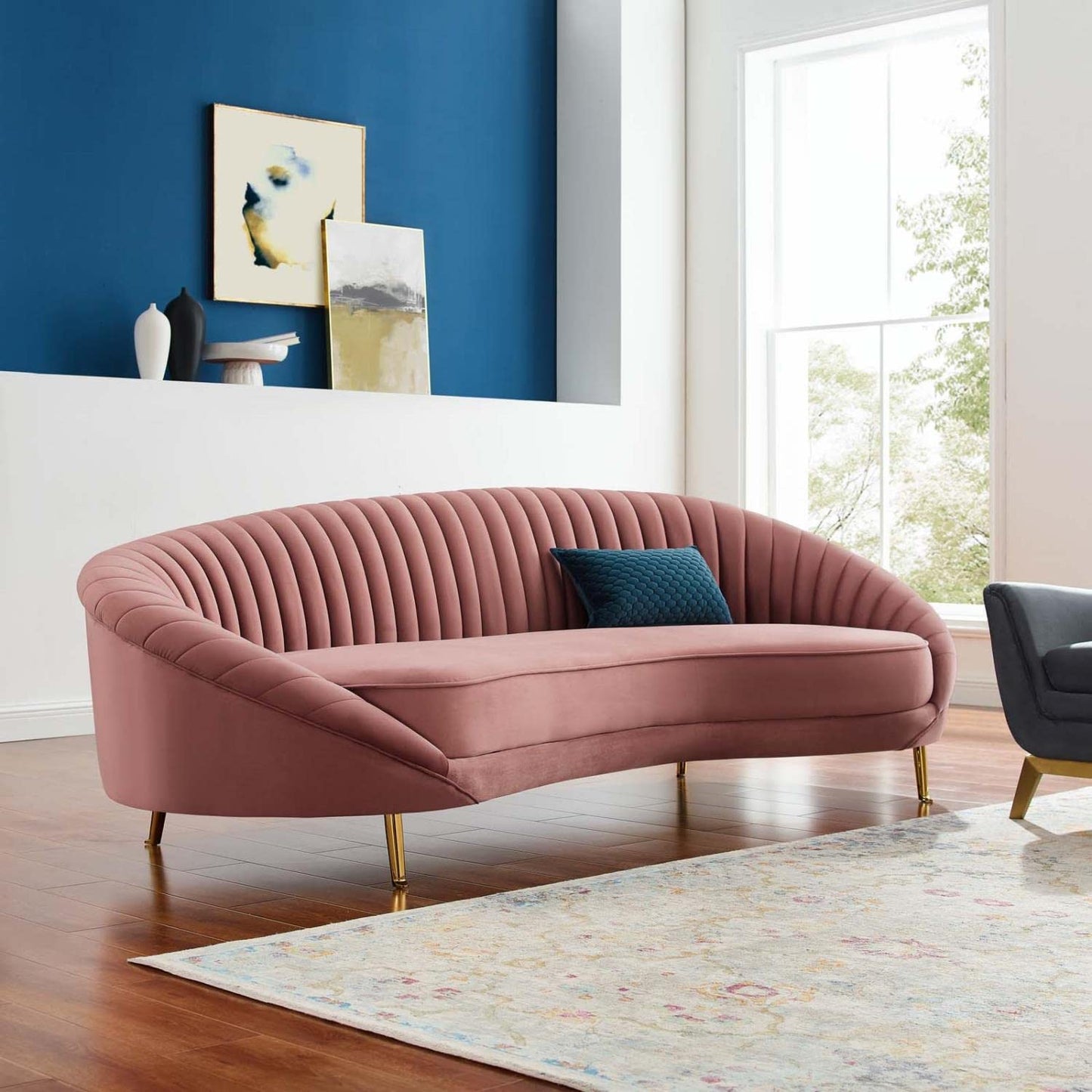 sofas | CasaFoyer Camber Channel Tufted Performance Velvet Sofa | Retro Modern Style | Luxurious & Glamorous | Curved Back Design | Mid-Century Elegance | Dense Foam Padding | Sturdy Frame | Splayed Gold Metal Legs | Dusty Rose | casafoyer.myshopify.com