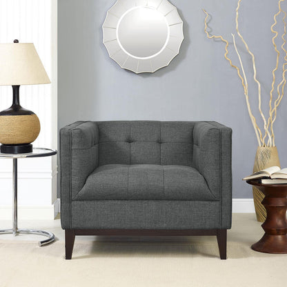 Chair | Serve Armchair | Tufted Buttons | Polyester Upholstery | Comfortable Seating | Walnut Stained Legs | Non-Marking Foot Caps | Perfect for Living Rooms, Lounges, and Reception Areas | casafoyer.myshopify.com