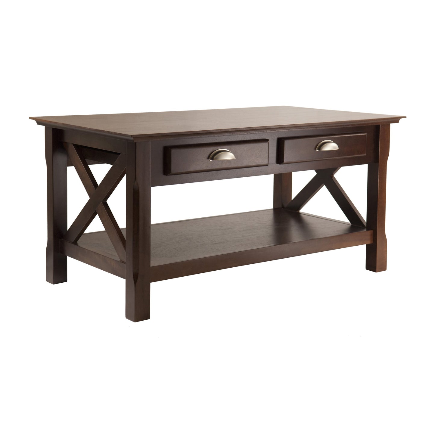 TABLE | CasaFoyer Xola X-Panel Coffee Table | Cappuccino | 37W x 21D x 18H | 2 Drawers | Bottom Shelf | Solid Wood | Assembly Required | casafoyer.myshopify.com