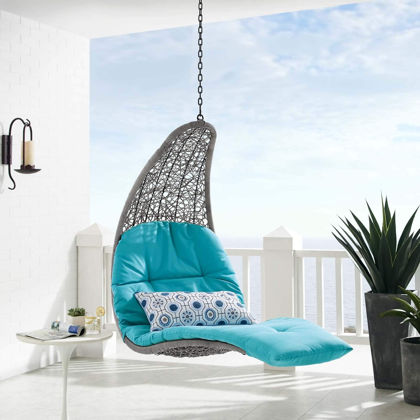 executive chairs | CasaFoyer Landscape Outdoor Patio Hanging Chaise Lounge Swing Chair | Light Gray/Tan Synthetic Rattan | All-Weather Polyester Cushion | Sturdy Metal Hanging Chain | 264 lbs Capacity | casafoyer.myshopify.com