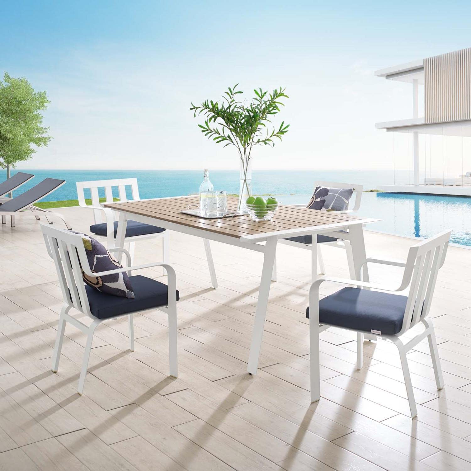 kitchen and dining room sets | CasaFoyer Outdoor 5 Piece Dining Patio Set | Roanoke 73 Aluminum Table | 4 Baxley Stackable Armchairs | White | UV Resistant Fabric | Stylish & Functional | casafoyer.myshopify.com