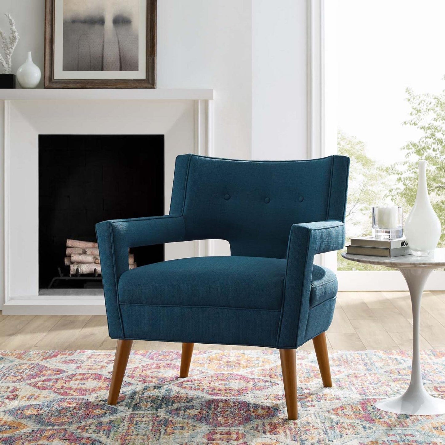 home office desk chairs | CasaFoyer Sheer Armchair | Mid-Century Modern Design | Soft Polyester Upholstery | Button Tufting | Cherry-Stained Wood Legs | Comfortable & Sturdy | 440 lbs Weight Capacity | casafoyer.myshopify.com