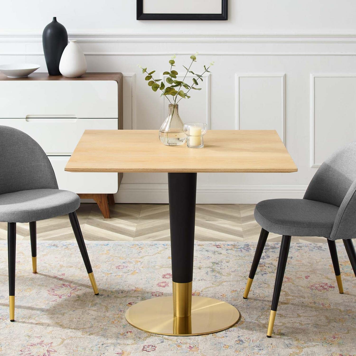 patio dining tables | CasaFoyer Zinque Dining Table | Stylish Modern Mid-Century Design | 36 Square | Black & Gold Base | Durable MDF & Wood Grain Veneer | Easy to Clean | Non-Marking Ring | Assembly Required | casafoyer.myshopify.com