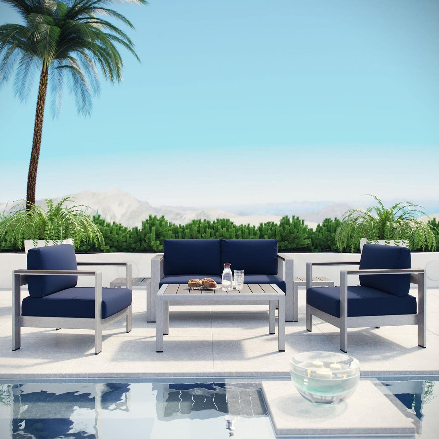 kitchen and dining room sets | CasaFoyer Shore Outdoor Patio Collection | Durable Aluminum Sectional Sofa Set - Silver Navy | casafoyer.myshopify.com