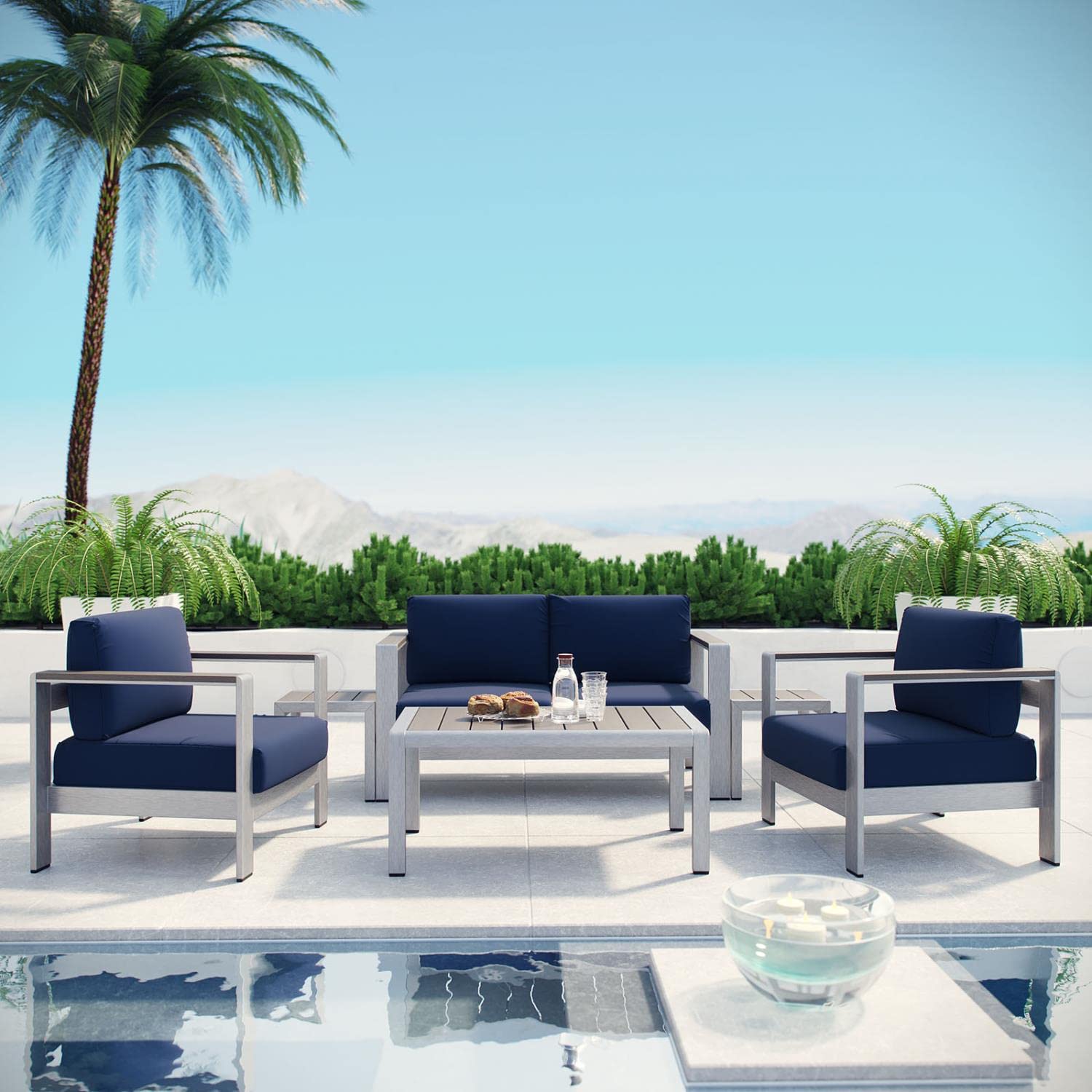 kitchen and dining room sets | CasaFoyer Shore Outdoor Patio Collection | Durable Aluminum Sectional Sofa Set - Silver Navy | casafoyer.myshopify.com