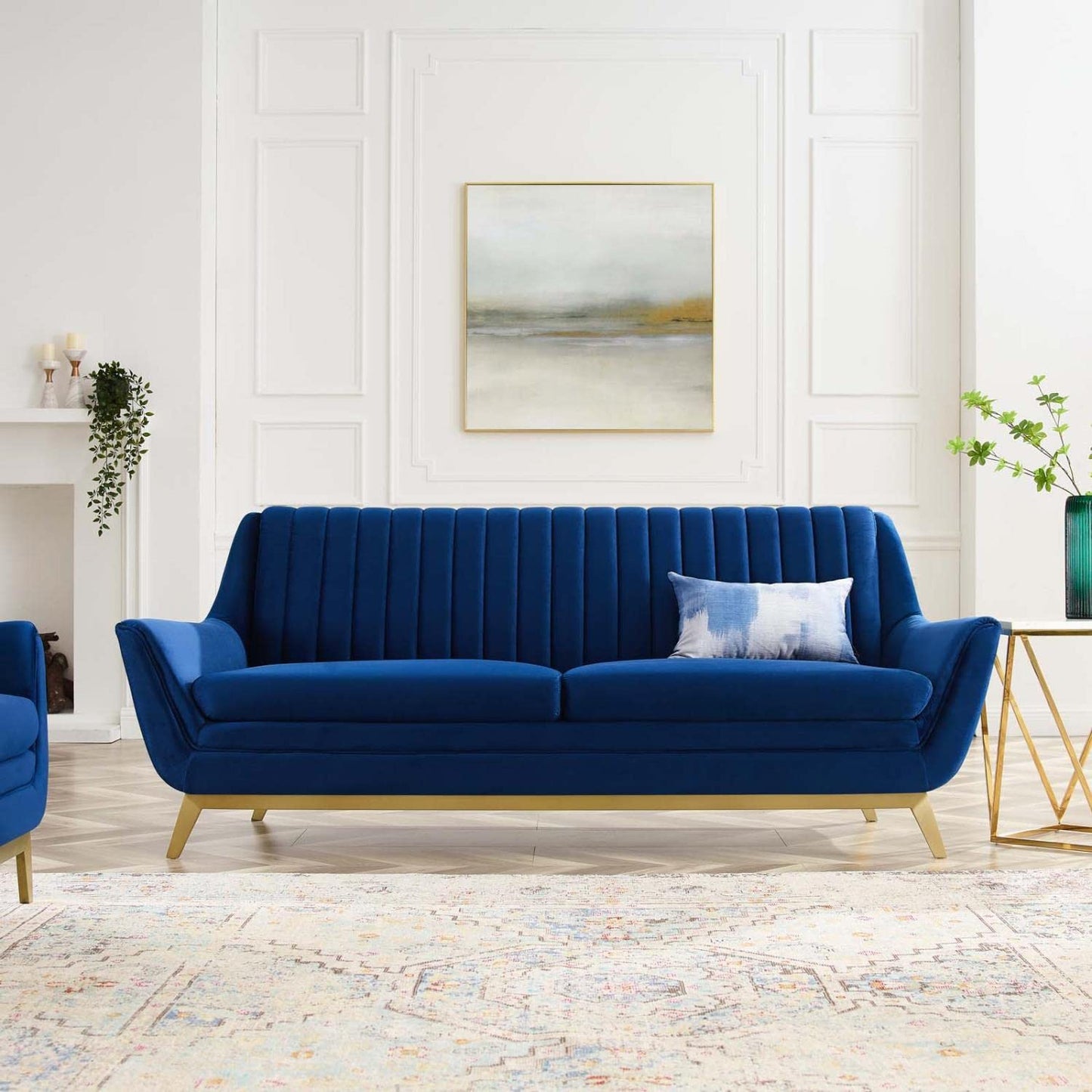 sofas | CasaFoyer Winsome Channel Tufted Performance Velvet Sofa | Vintage Charm with Modern Twist | Stain-Resistant | Comfortable & Durable | Gold Metal Detail | Flared Silhouette | Navy | casafoyer.myshopify.com