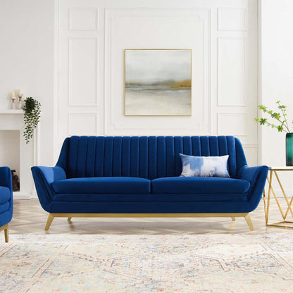 sofas | CasaFoyer Winsome Channel Tufted Performance Velvet Sofa | Vintage Charm with Modern Twist | Stain-Resistant | Comfortable & Durable | Gold Metal Detail | Flared Silhouette | Navy | casafoyer.myshopify.com