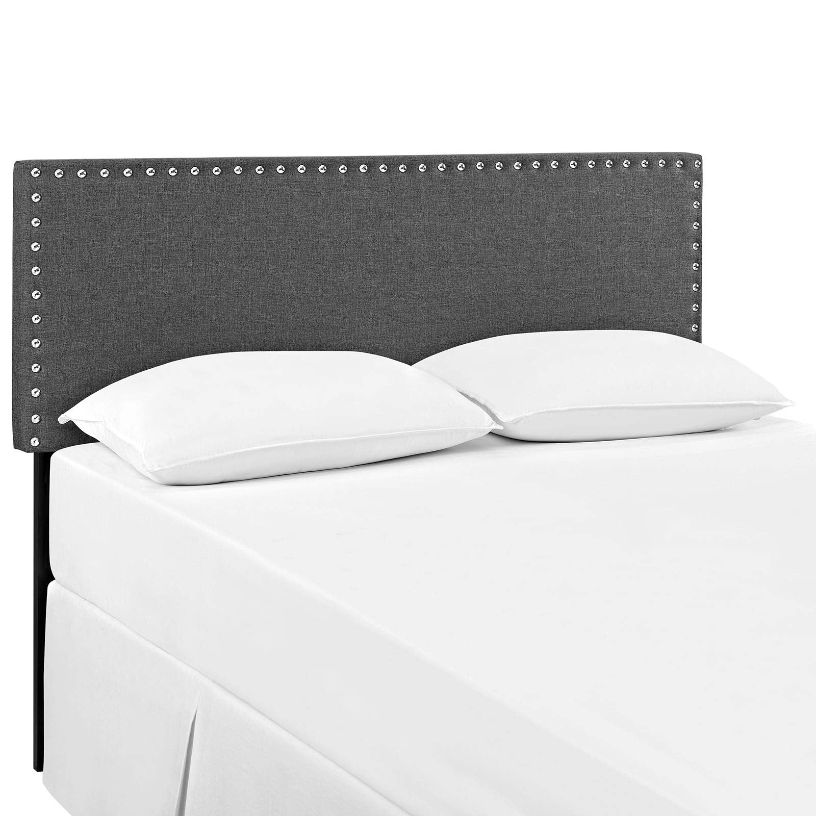 Bed | CasaFoyer  Phoebe Fabric Upholstered Queen Headboard | Stylish Minimalist Design | Silver Nail Button Trim | Solid Wood Frame | Adjustable Legs | Soft Linen Fabric Upholstery | Dense Foam Padding | casafoyer.myshopify.com