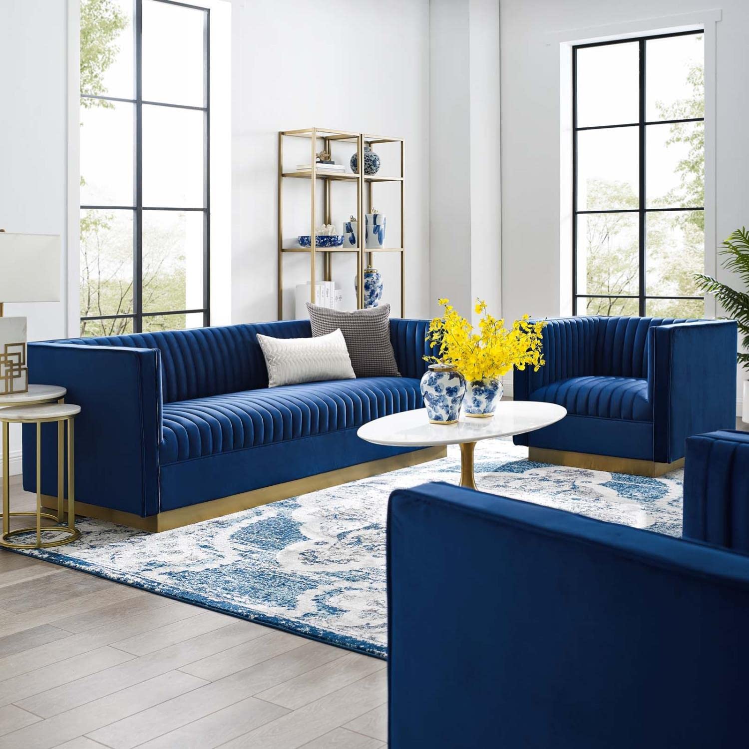 kitchen and dining room sets | CasaFoyer Sanguine Performance Velvet 2 Piece Set | Retro Modern Design | Stain-Resistant Upholstery | Ultimate Comfort & Support | Gold Base | Navy | casafoyer.myshopify.com