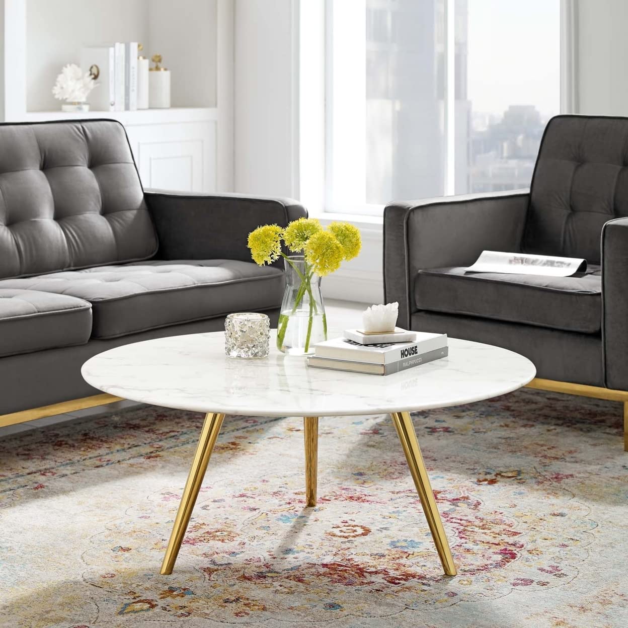 coffee tables | Ergode Lippa 36 Round Coffee Table | White Faux Marble Top | Gold Tripod Base | Iconic Modern Design | Scratch-Resistant Finish | Perfect for Living Room, Lounge, or Home Office | casafoyer.myshopify.com