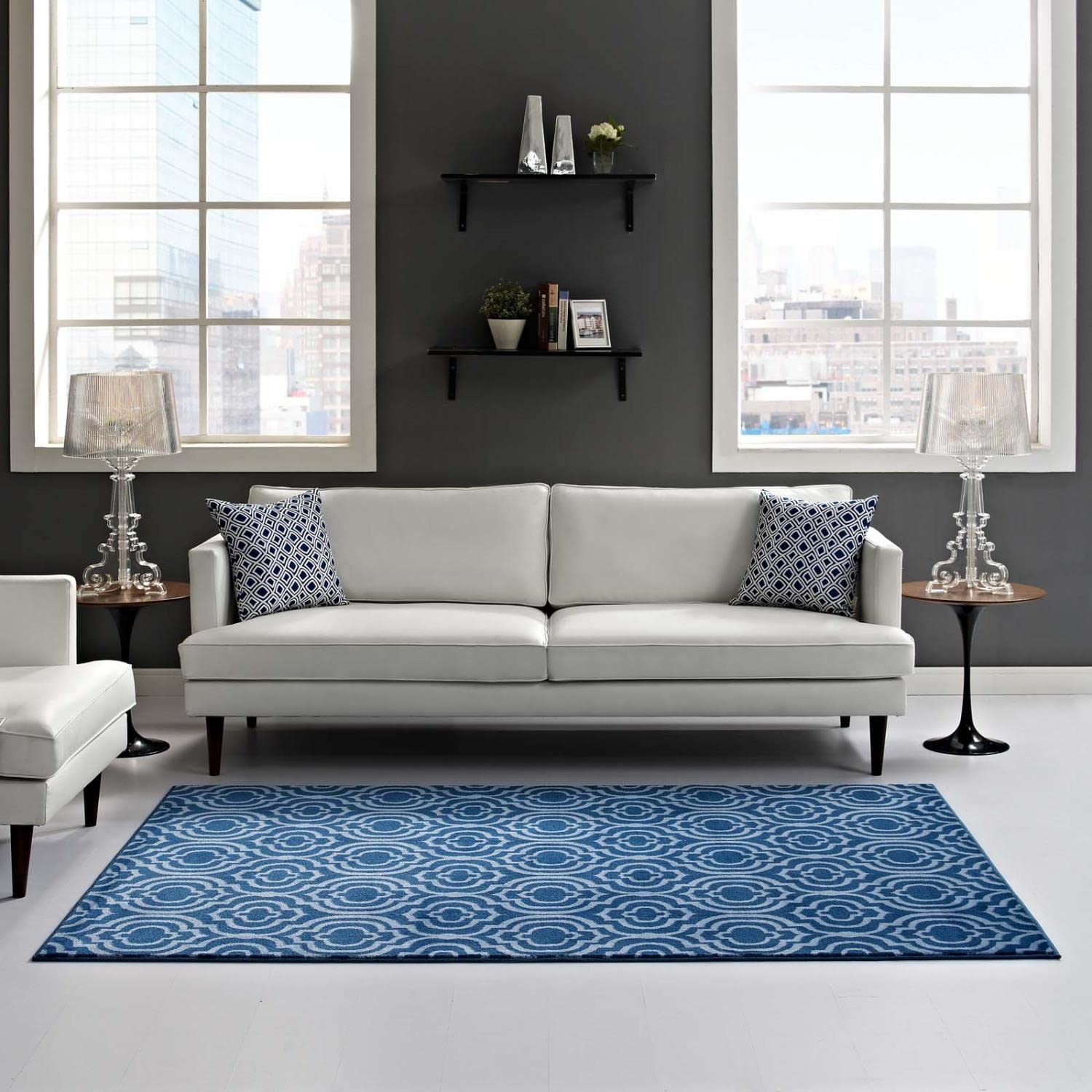 area rugs | CasaFoyer Frame Transitional Moroccan Trellis Area Rug | Durable, Stain Resistant, Easy to Maintain | 5x8 | Moroccan Blue | casafoyer.myshopify.com