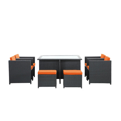 kitchen and dining room sets | CasaFoyer Inverse Outdoor Patio 9-Piece Dining Set | Espresso Wicker Rattan | All-Weather | Cushioned | 52 Table | 4 Chairs | 4 Stools | casafoyer.myshopify.com