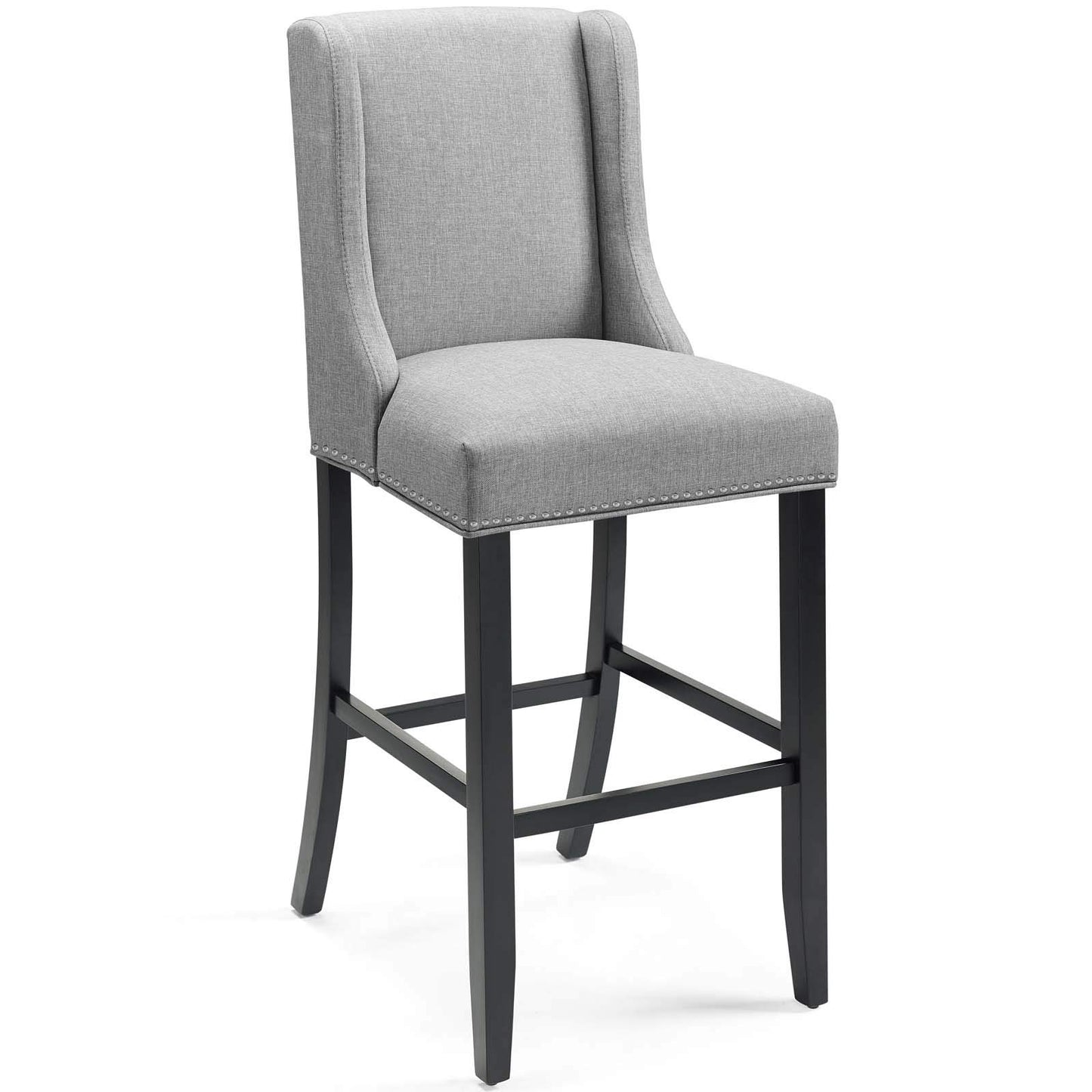 barstools | CasaFoyer Baron Upholstered Fabric Bar Stool | Contemporary Design | Nailhead Trim | Footstool | Solid Wood Frame | Light Gray | casafoyer.myshopify.com