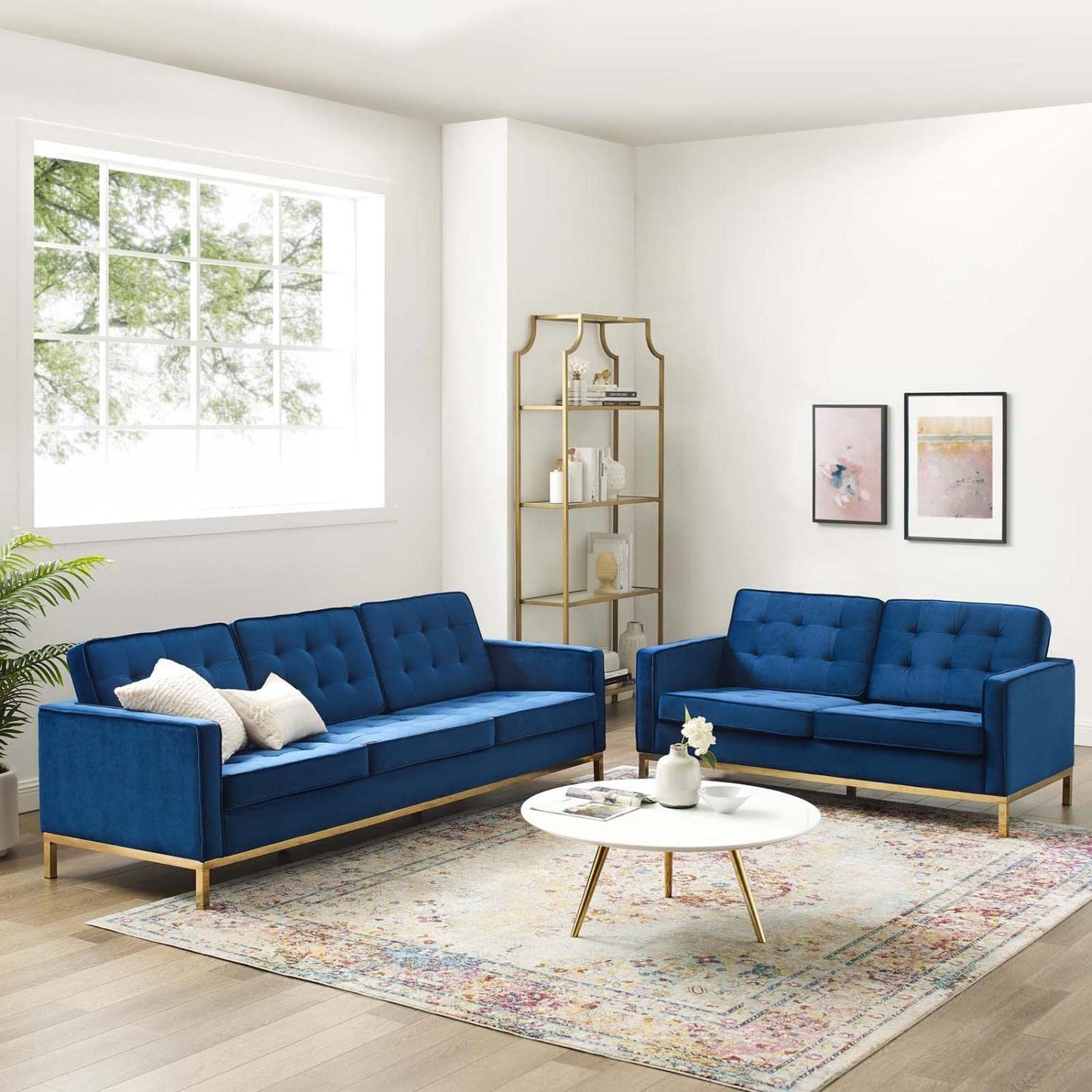kitchen and dining room sets | CasaFoyer Loft Gold Stainless Steel Leg Performance Velvet Sofa & Loveseat Set | Elegant Retro Modern Design | Plush Upholstery | Button Tufting | Gold Navy | casafoyer.myshopify.com