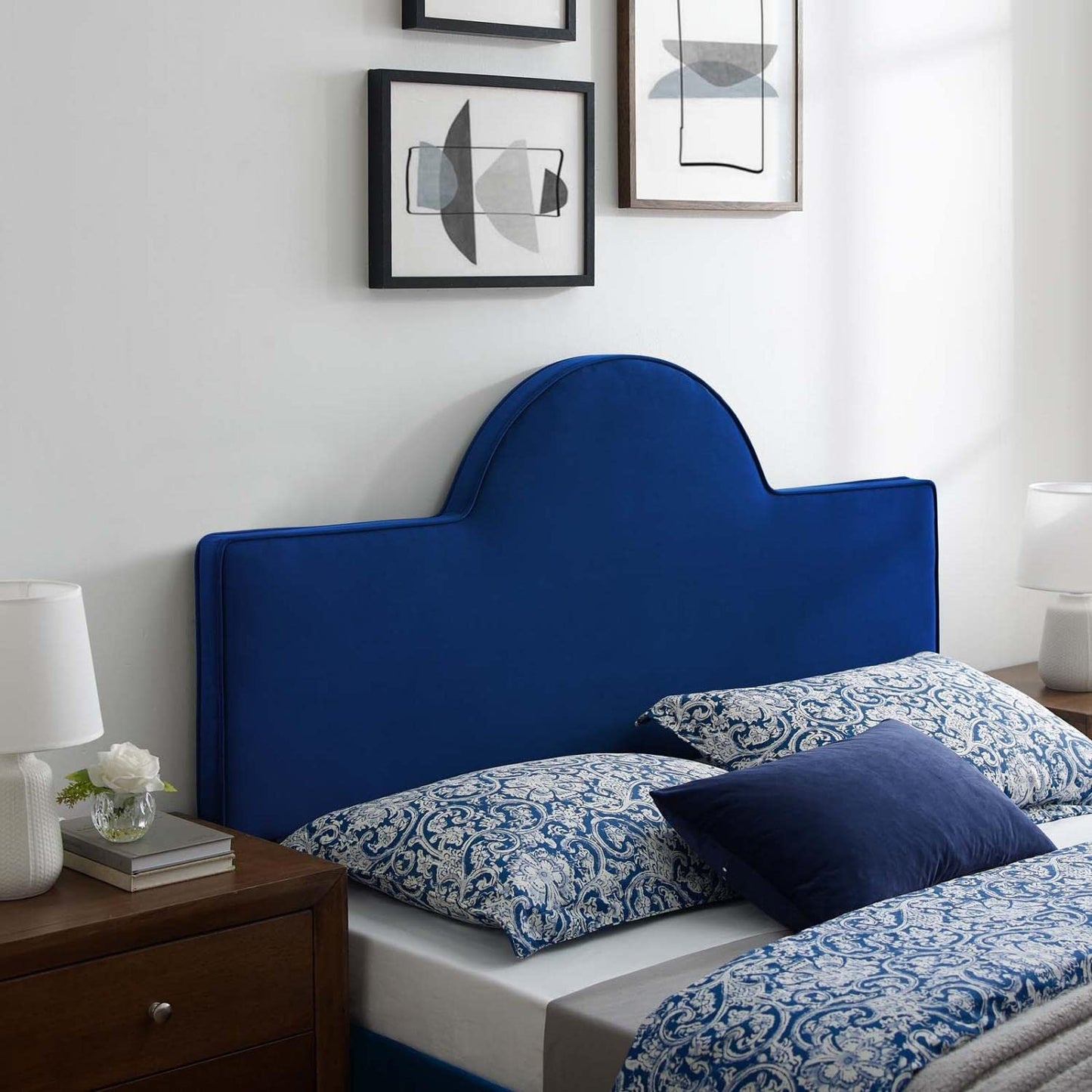 Bed | CasaFoyer Dawn Performance Velvet King/California King Headboard | Elegant Sunrise Design | Stain-Resistant Luxury Upholstery | Adjustable Height | Navy | casafoyer.myshopify.com