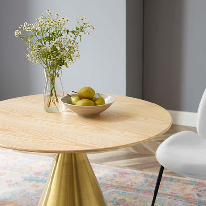 patio dining tables | CasaFoyer Tupelo 36 Dining Table | Modern Style | Mid-Century Influence | Polished Gold Metal Base | MDF & Wood Grain Veneer | Non-Marking Ring | Easy Assembly | casafoyer.myshopify.com