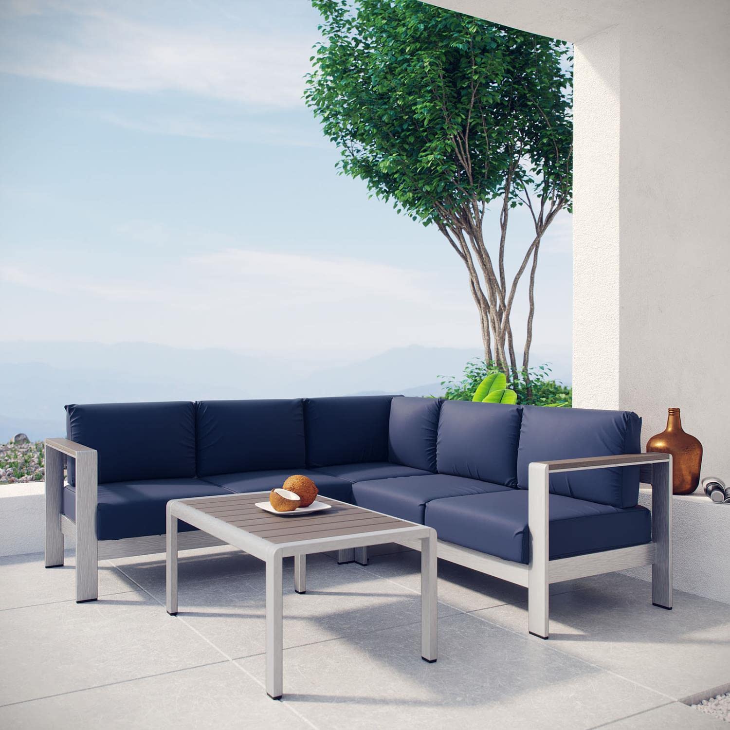 kitchen and dining room sets | CasaFoyer Shore Outdoor Patio Collection | Aluminum Sectional Sofa Set | Sturdy & Weather Resistant | Includes Coffee Table | Silver Navy | casafoyer.myshopify.com