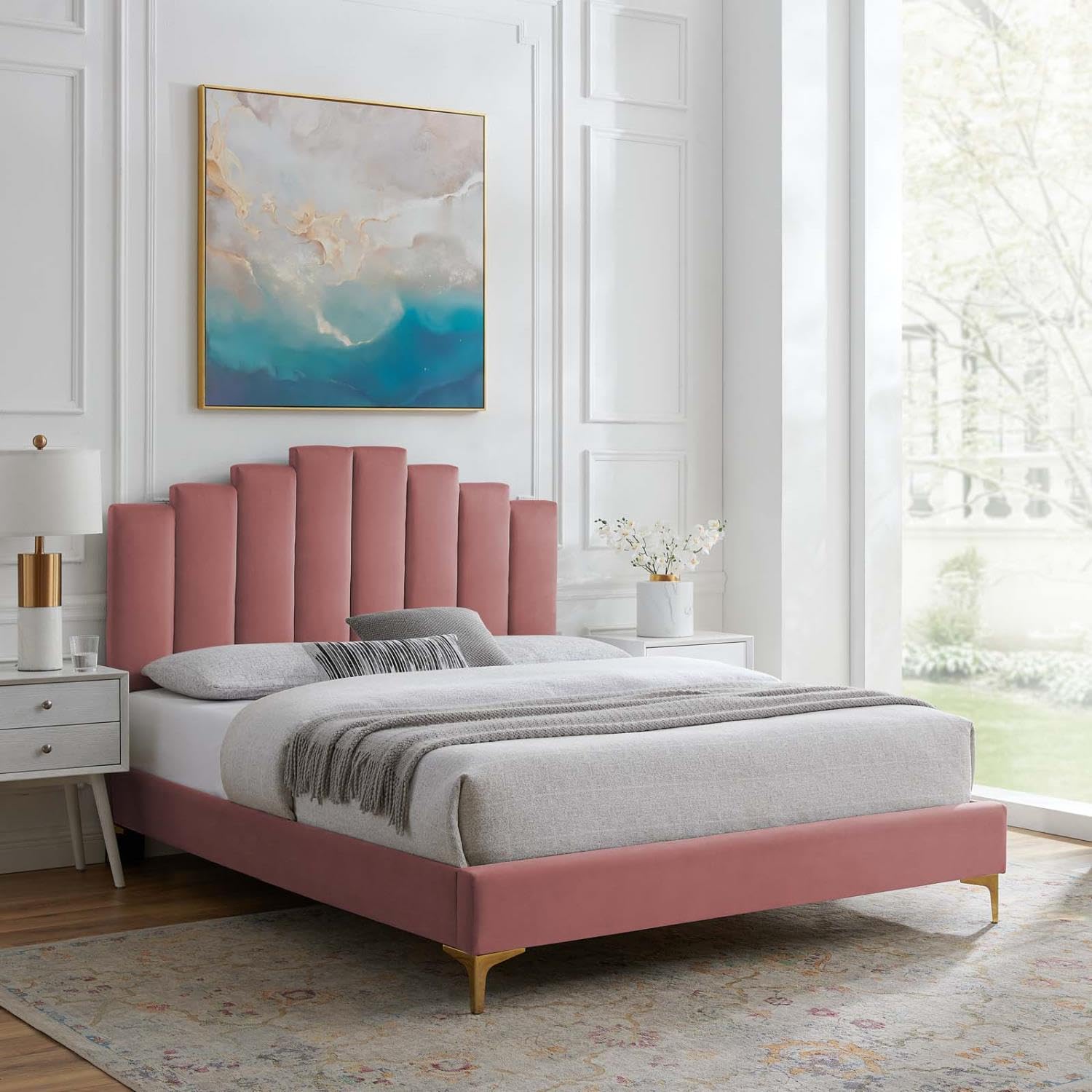 adjustable bed bases | CasaFoyer Elise Performance Velvet King Platform Bed | Glamorous Deco Style | Channel Tufting | Gold Metal Legs | Stain-Resistant & Durable | 800 lb Weight Capacity | Includes Headboard & Bed Frame | casafoyer.myshopify.com