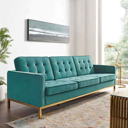 sofas | CasaFoyer Loft Button Tufted Performance Velvet Sofa | Gold Teal | Stainless Steel Legs | casafoyer.myshopify.com