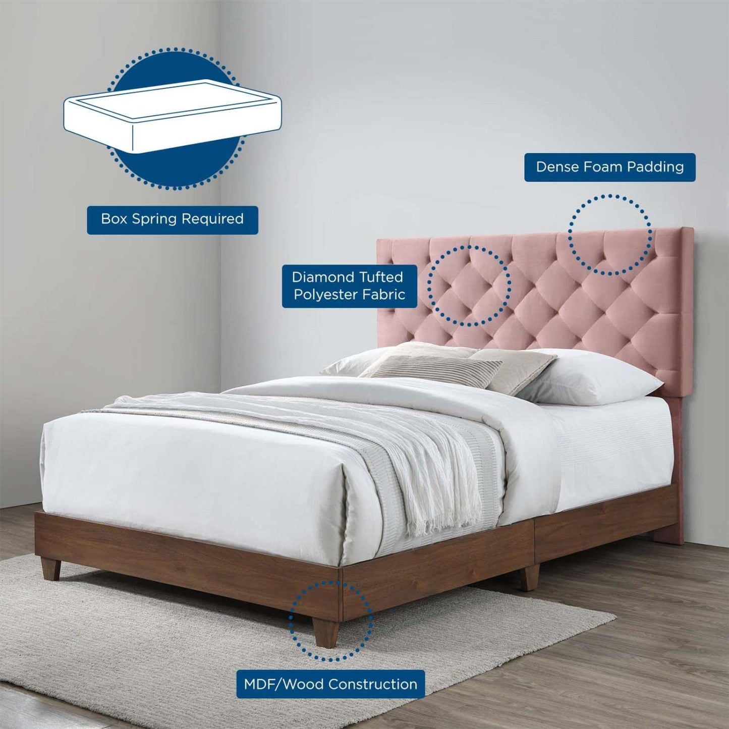 Bed | CasaFoyer Rhiannon Diamond Tufted Performance Velvet Upholstered Queen Bed | Walnut | Stain-Resistant | Dual Support Planks | Elegant Design | casafoyer.myshopify.com