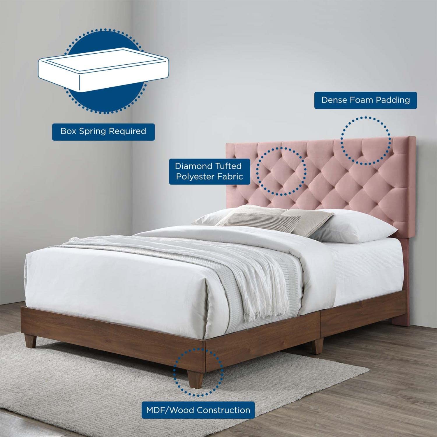 Bed | CasaFoyer Rhiannon Diamond Tufted Performance Velvet Upholstered Queen Bed | Walnut | Stain-Resistant | Dual Support Planks | Elegant Design | casafoyer.myshopify.com