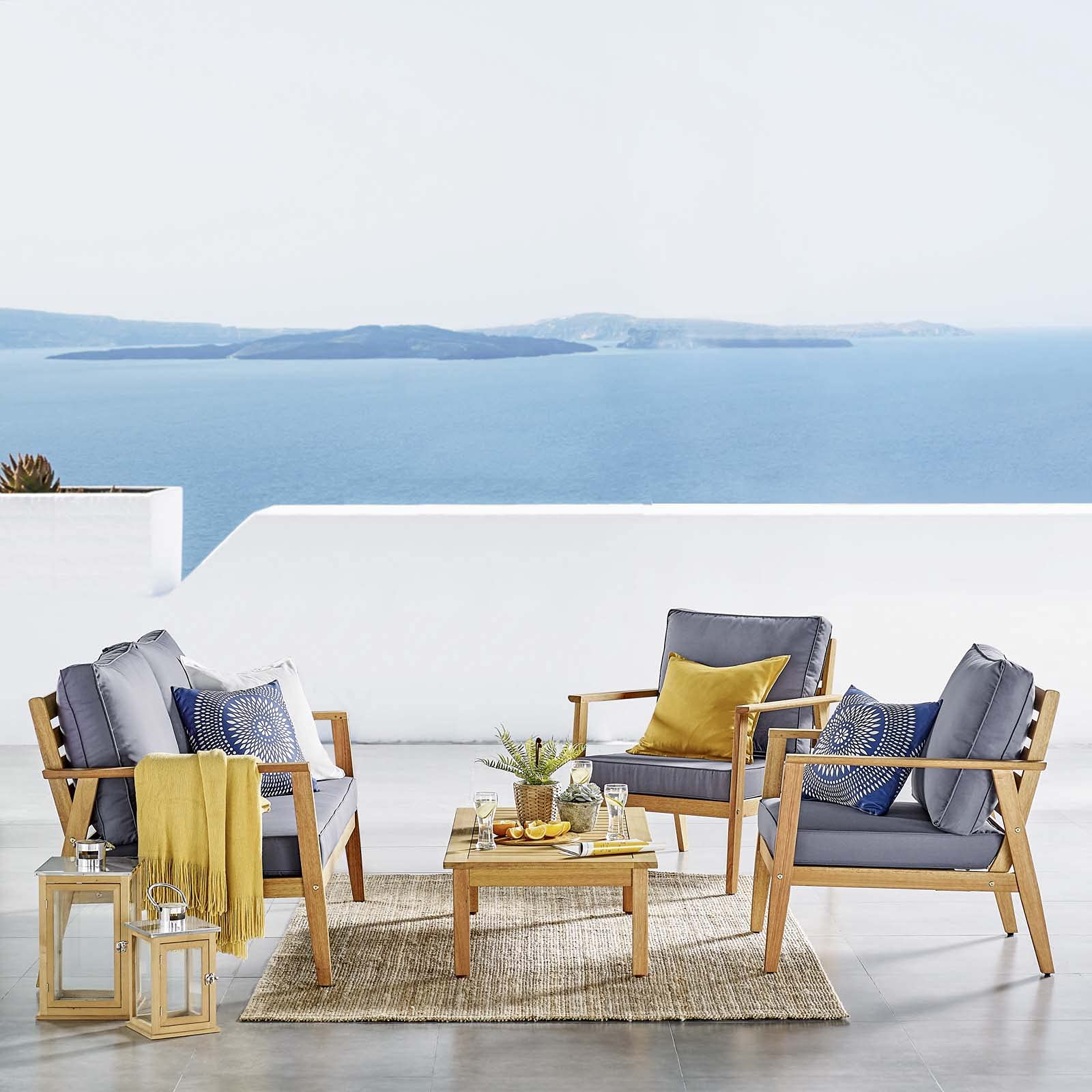 kitchen and dining room sets | CasaFoyer Syracuse Outdoor Patio Eucalyptus Wood 4 Piece Furniture Set | Modern Design | FSC Certified | Includes Armchairs, Loveseat, Coffee Table | casafoyer.myshopify.com