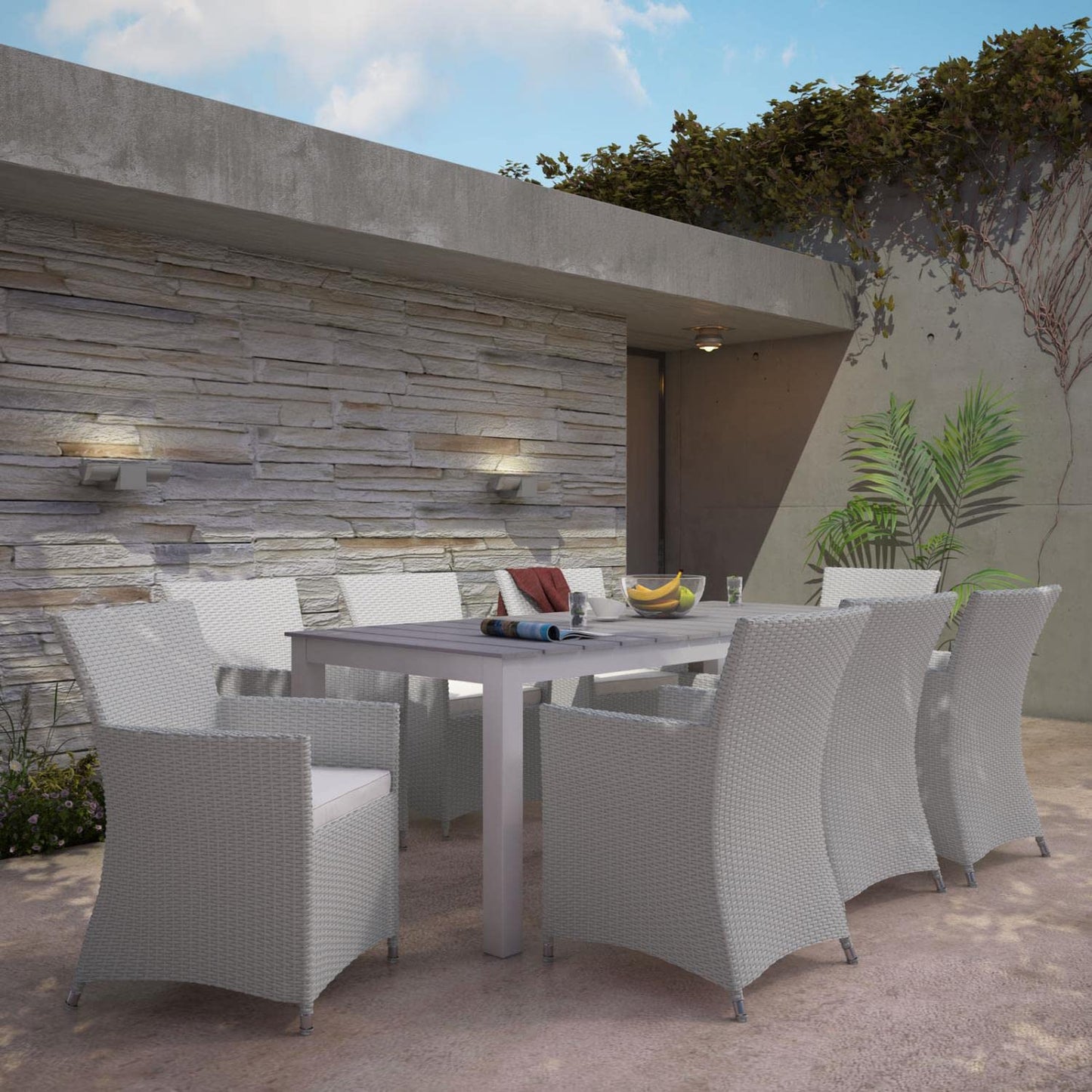 Dining Table | Junction Outdoor Patio Dining Furniture Set | Elegant & Practical 9 Piece Gray White Set | Synthetic Rattan Weave | Weather-Resistant Cushions | Powder-Coated Aluminum Frame | No Assembly Required | casafoyer.myshopify.com